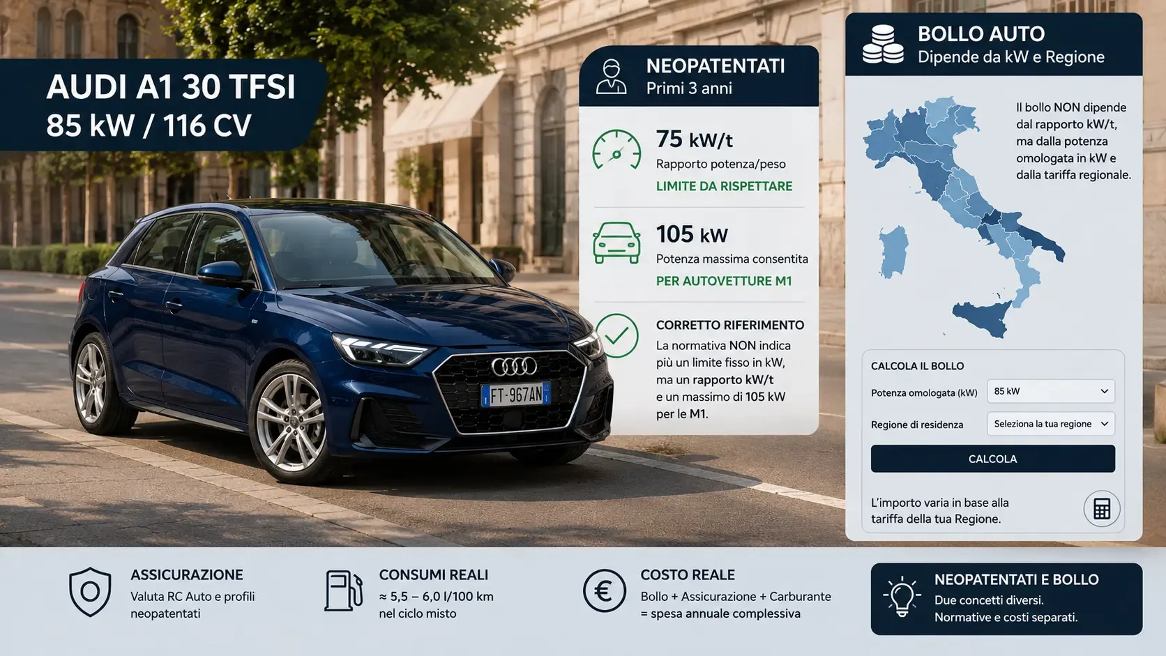 Audi A1 usata per neopatentati, potenza in kW e costi di bollo