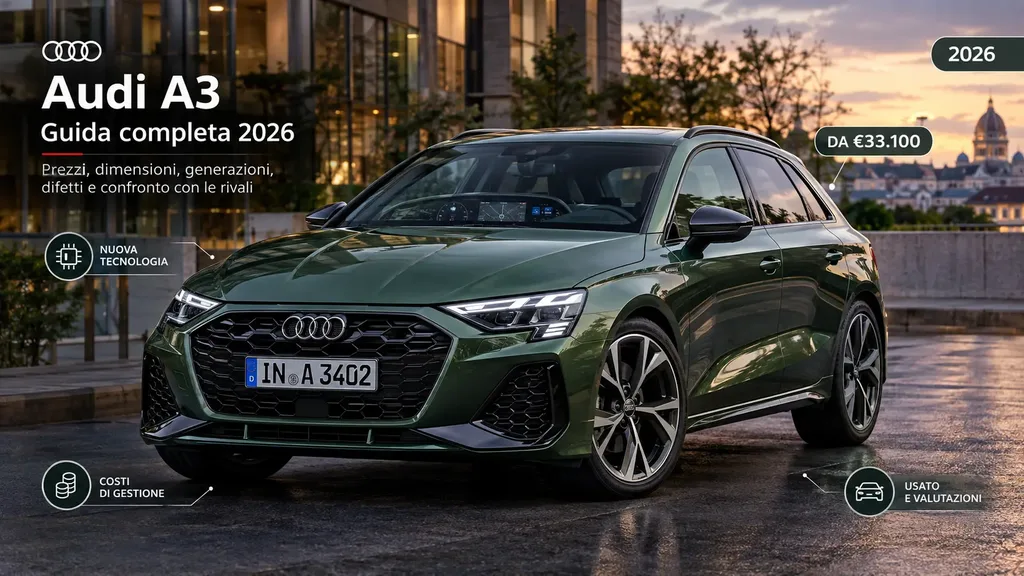 Audi A3 2026 Sportback verde District Green con il nuovo abitacolo digitale