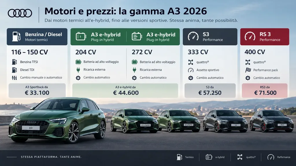 Audi A3 2026, motori benzina, diesel, e-hybrid, S3 e RS3 a confronto per potenza
