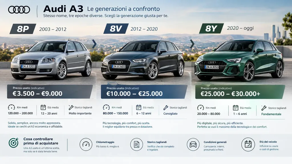 Audi A3, confronto tra le generazioni 8P, 8V e 8Y e prezzi dell'usato