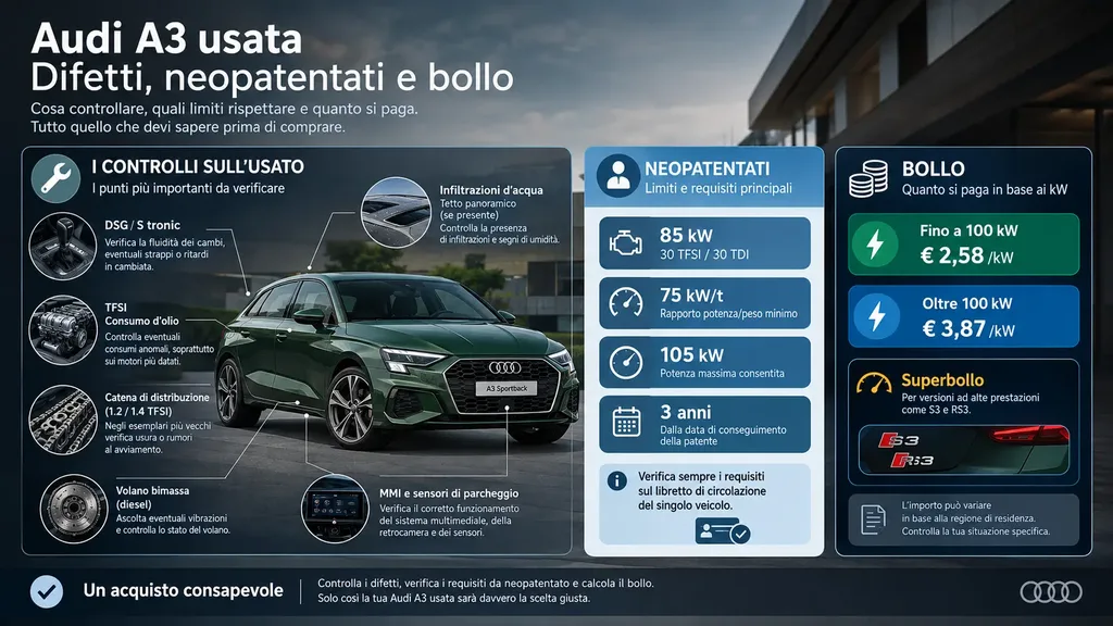 Audi A3 usata, difetti comuni, versioni per neopatentati da 85 kW e costi di bollo
