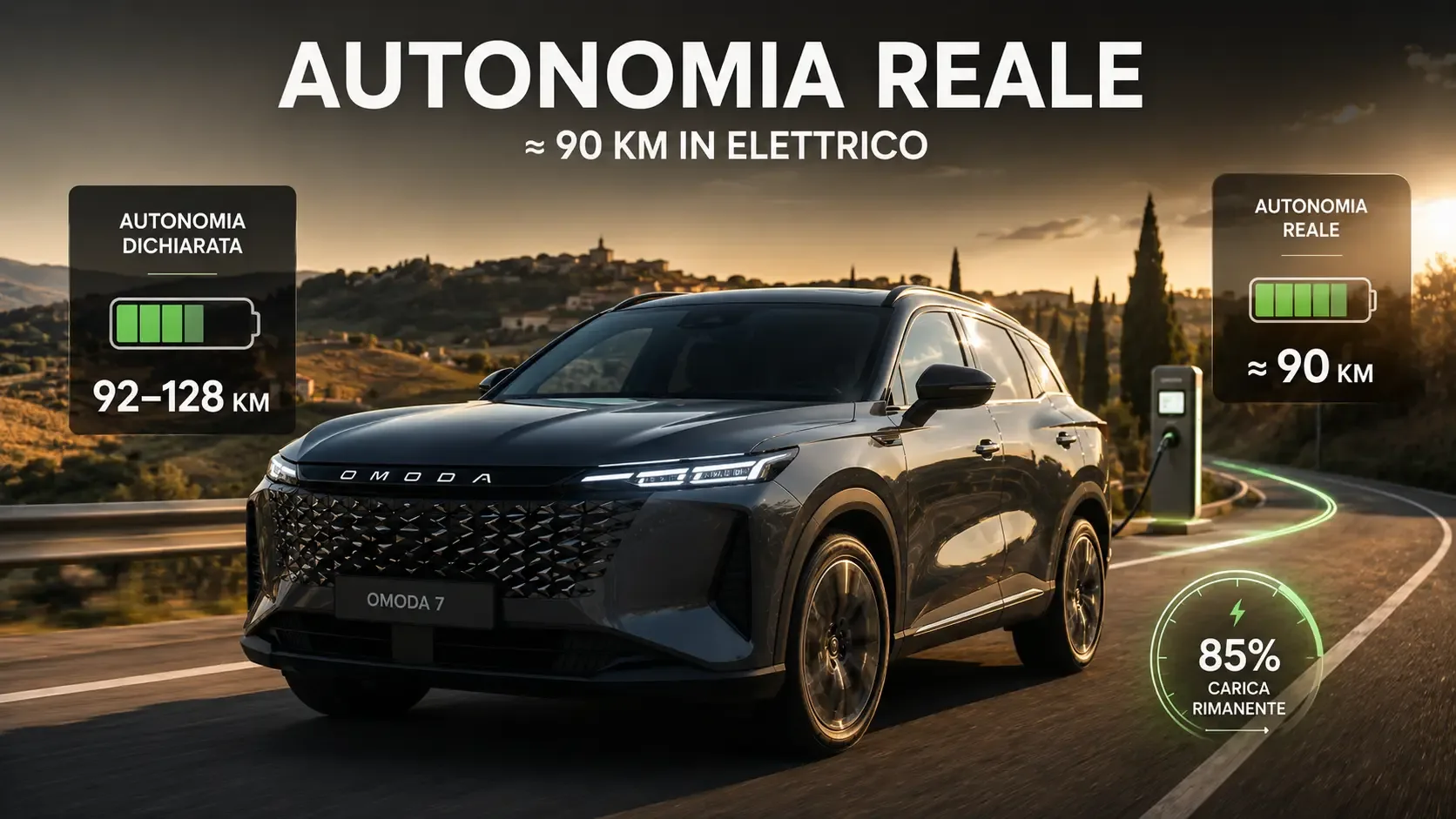 Autonomia elettrica reale della Omoda 7 di circa 90 km durante la prova su strada