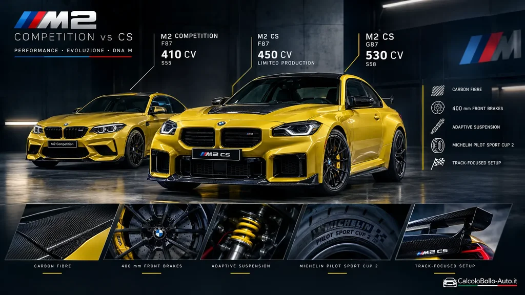 BMW M2 Competition e CS, 410, 450, 530 CV, confronto tecnico