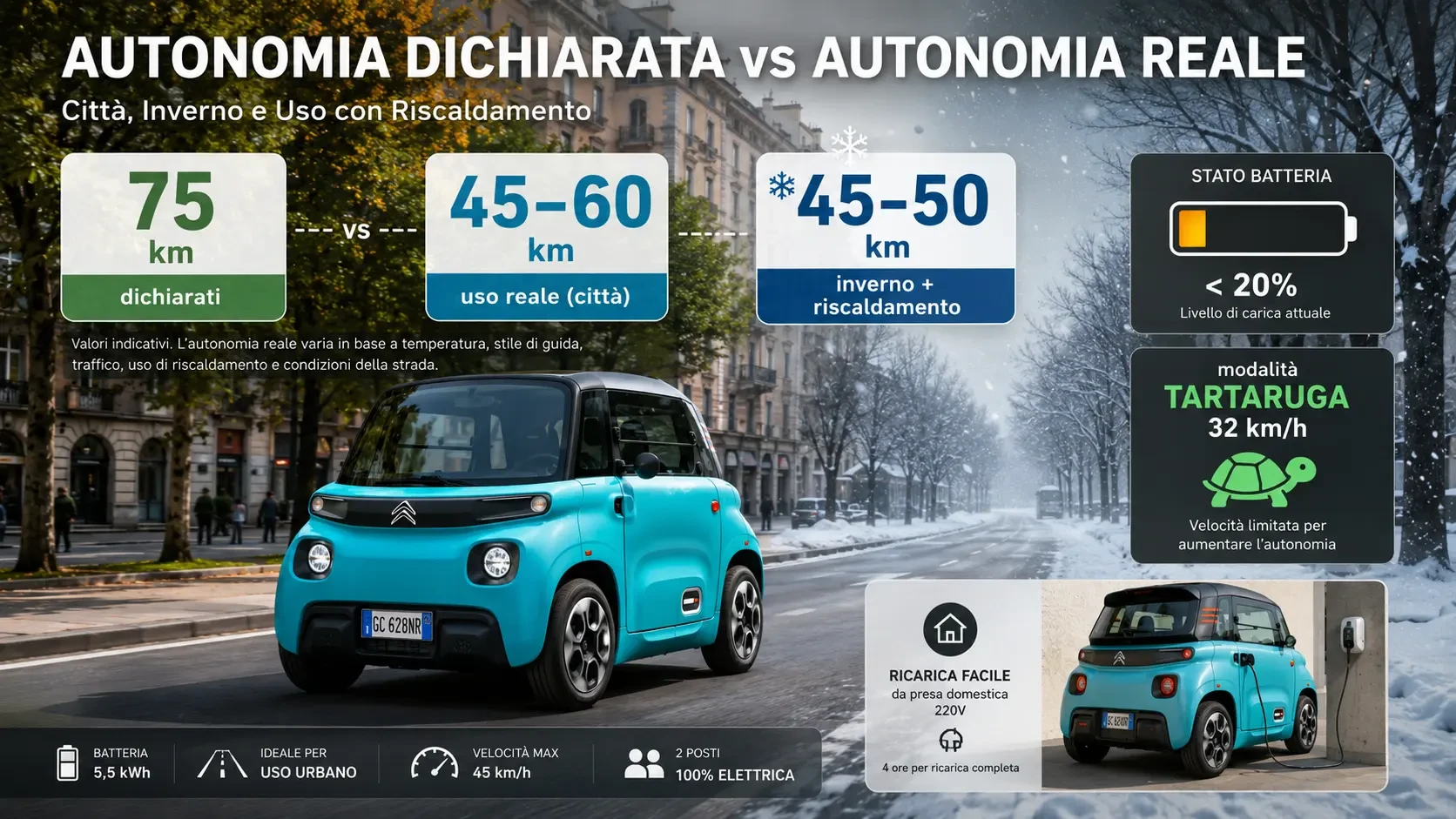 Citro&euml;n Ami, autonomia reale 75 km dichiarati contro 45-60 km
