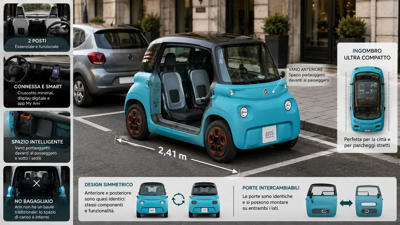 Citro&euml;n Ami, dimensioni 2,41 metri, interni e spazio di carico