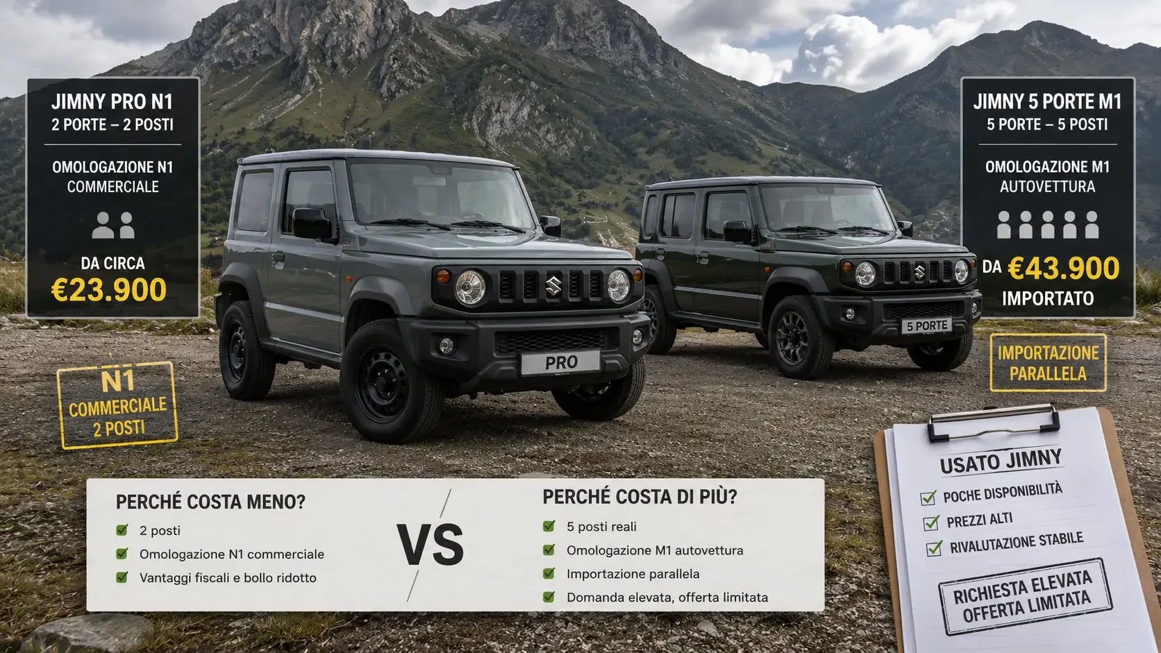Confronto tra Suzuki Jimny Pro N1 e Jimny 5 porte M1 importato in Italia