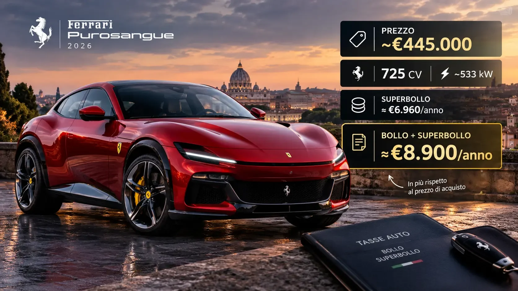 Costo Ferrari Purosangue 2026, bollo e superbollo fino a circa 8.900 euro l’anno