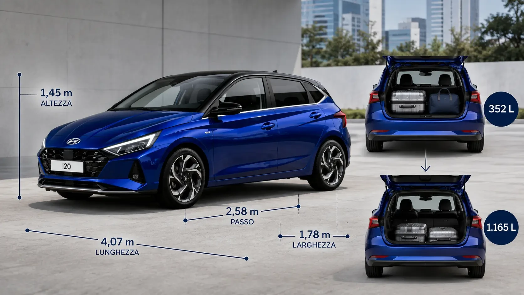 Dimensioni Hyundai i20 2026 e bagagliaio da 352 a 1165 litri