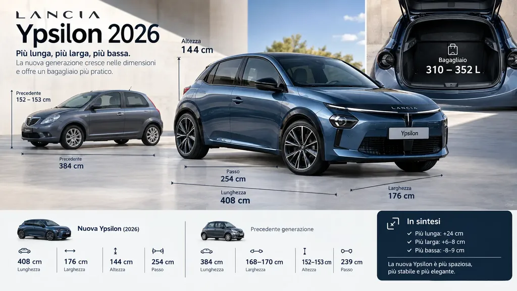 Dimensioni della Lancia Ypsilon 2026 a confronto con la generazione precedente