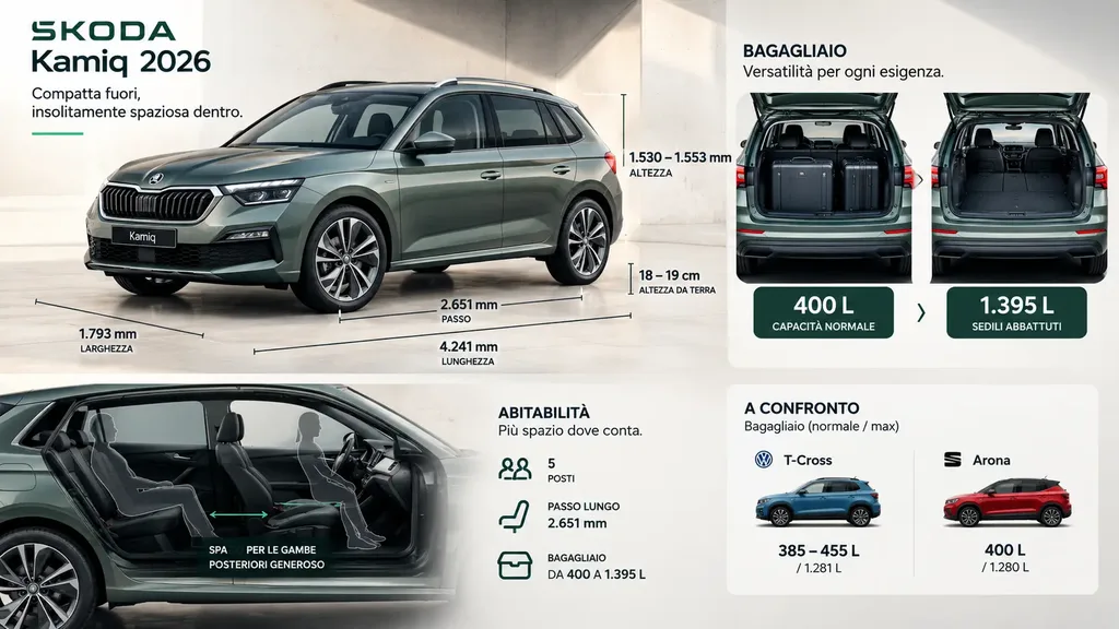 Dimensioni Skoda Kamiq 2026: passo, altezza e bagagliaio da 400 a 1.395 litri