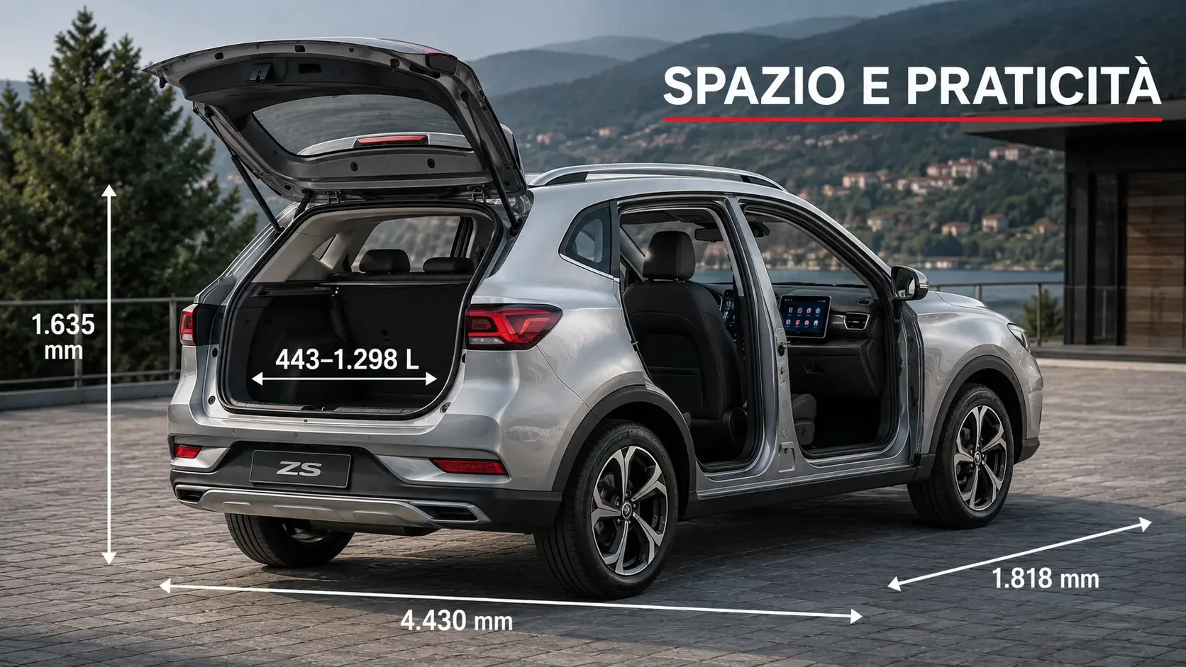 MG ZS 2026 bagagliaio e spazio interno con misure di dettaglio