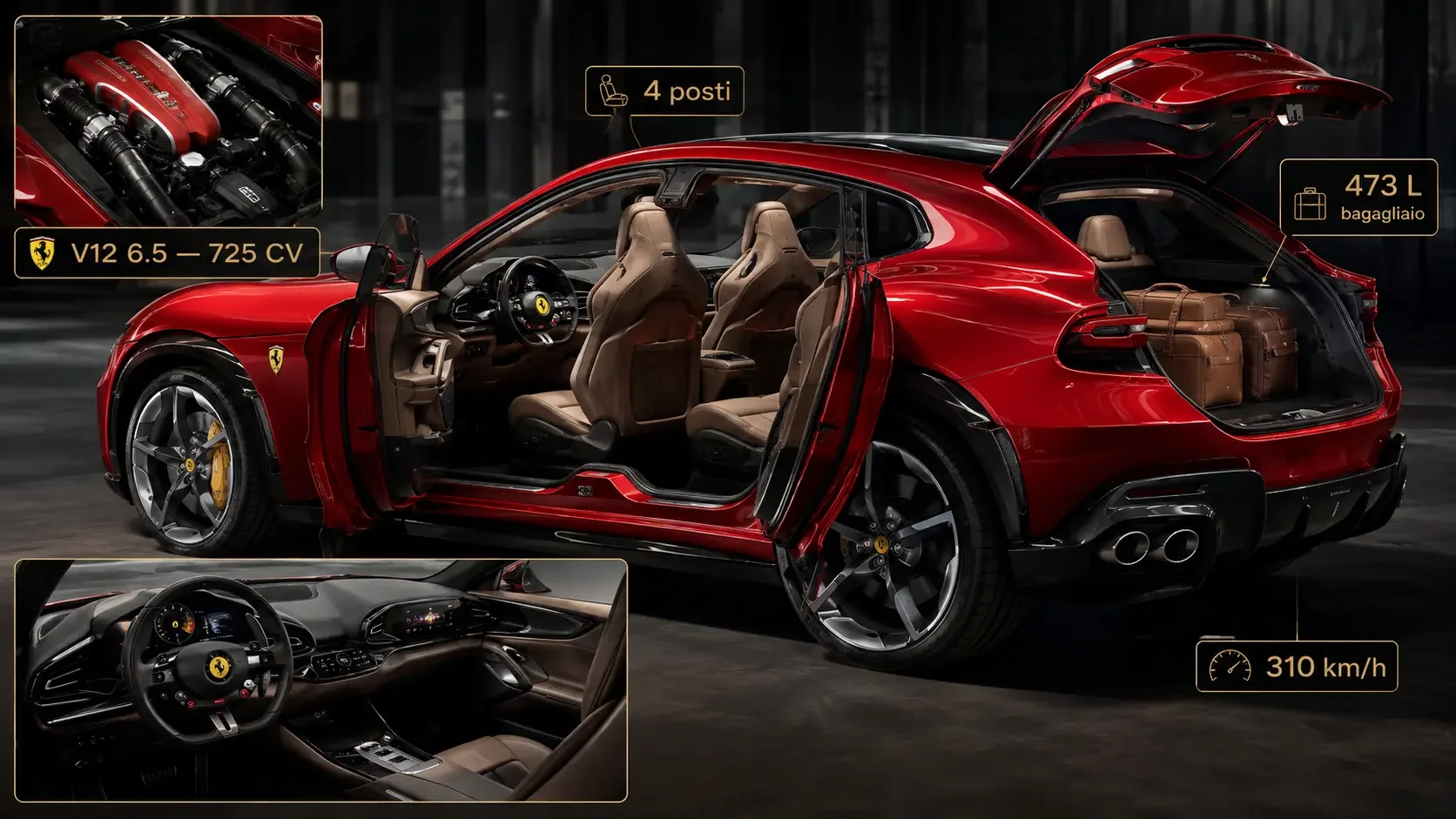 Ferrari Purosangue V12 da 725 CV, quattro posti e bagagliaio da 473 litri