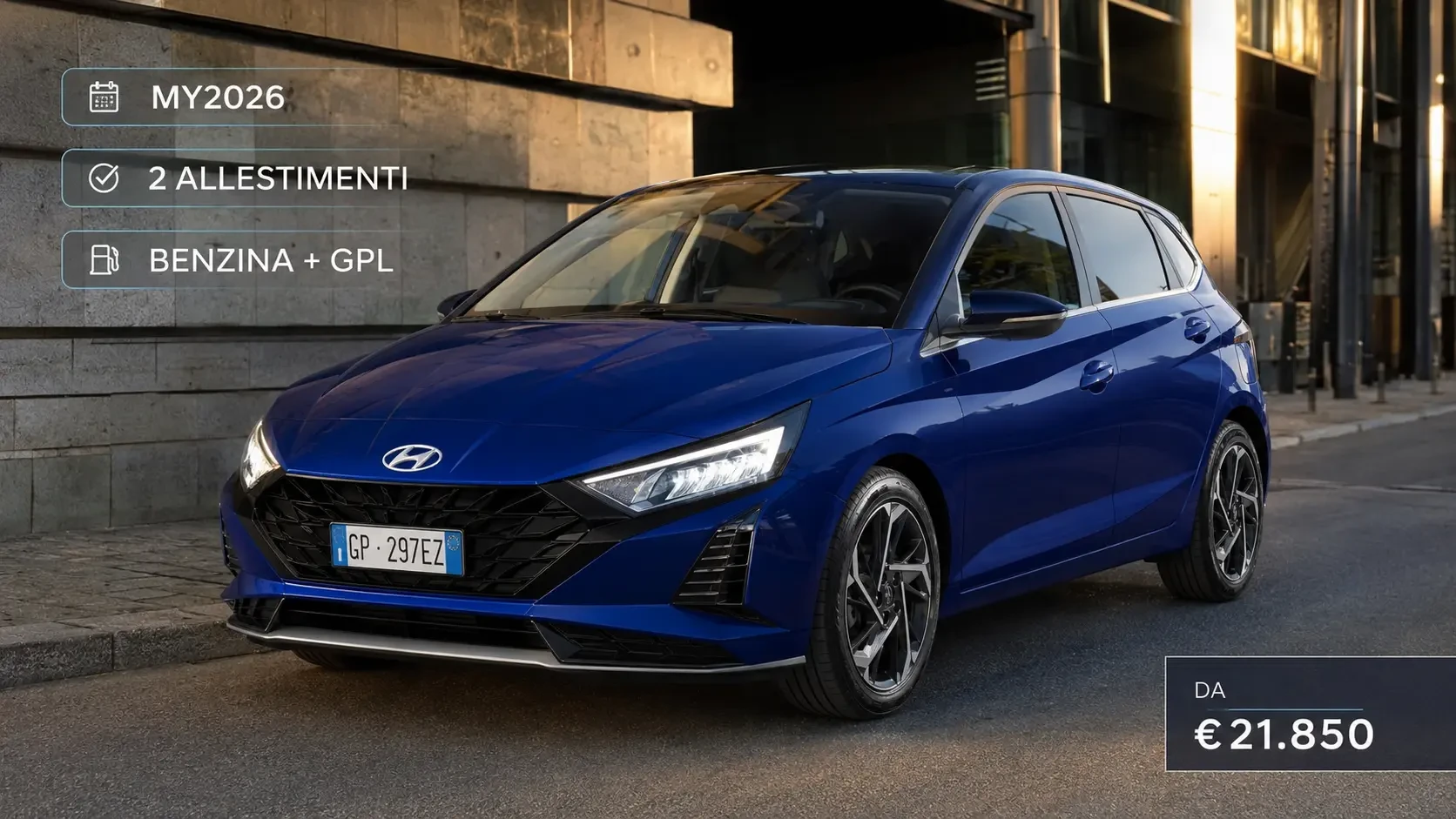 Hyundai i20 2026 blu metallizzato con prezzo da 21.850 euro