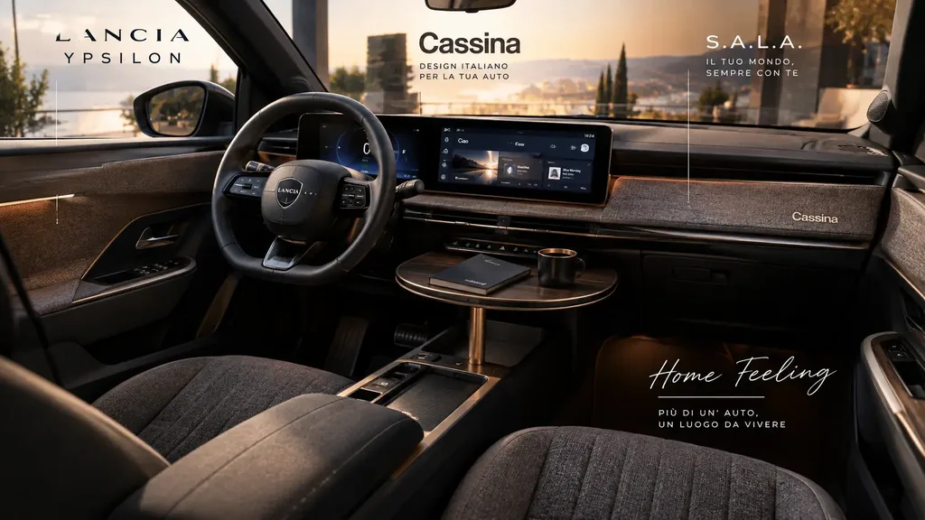 Interni della Lancia Ypsilon Cassina 2026 con tavolino e sistema S.A.L.A.