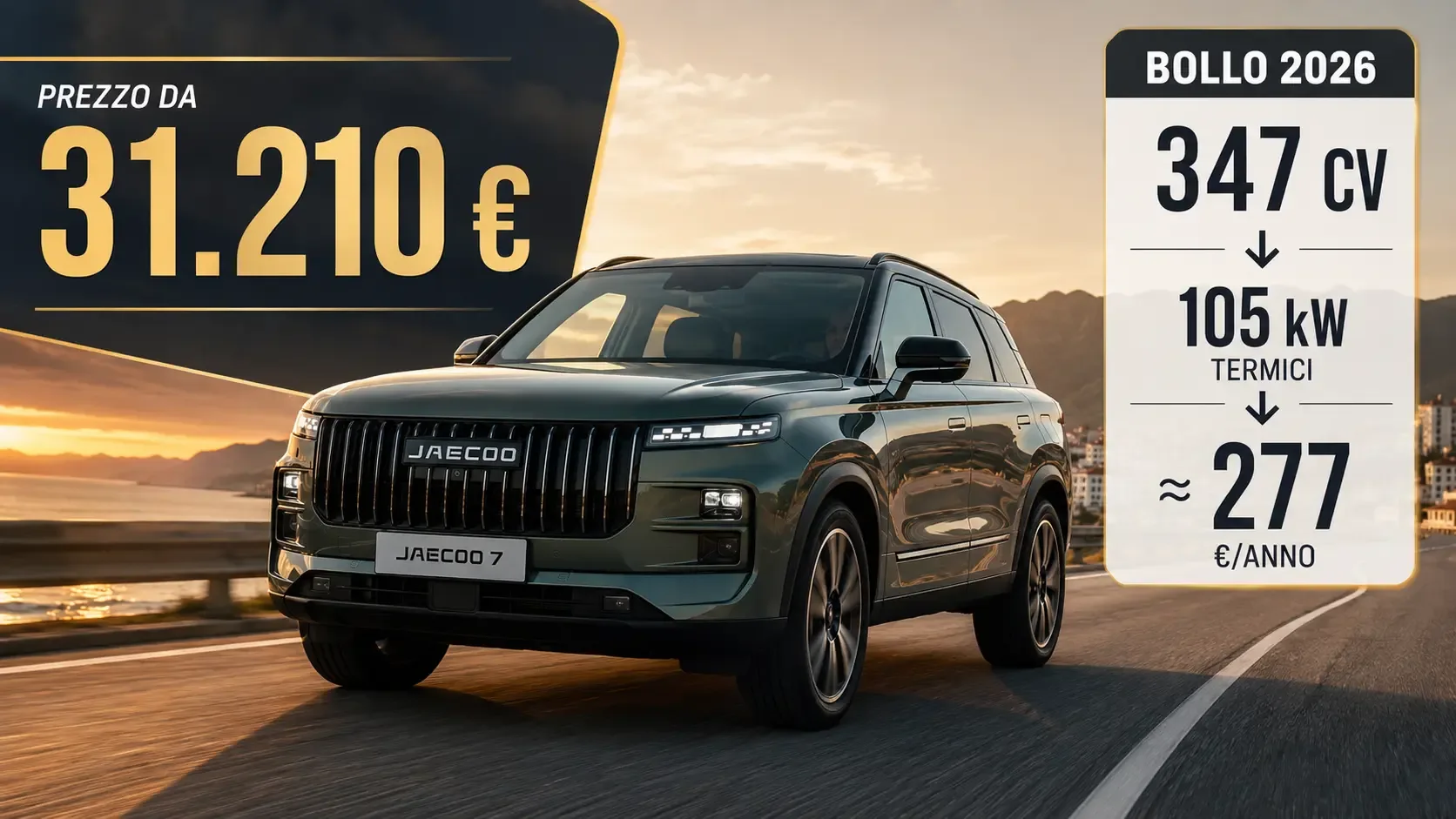 Jaecoo 7 2026 con prezzo da 31.210 euro, 347 CV e calcolo del bollo sui 105 kW termici