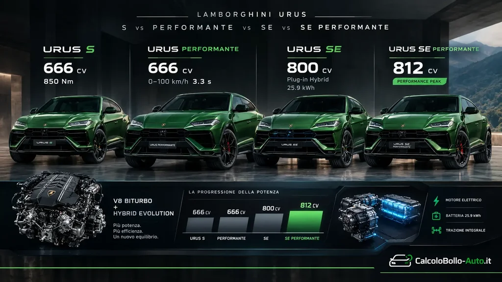 Lamborghini Urus S, Performante, SE, motori 666, 800, 812 CV a confronto