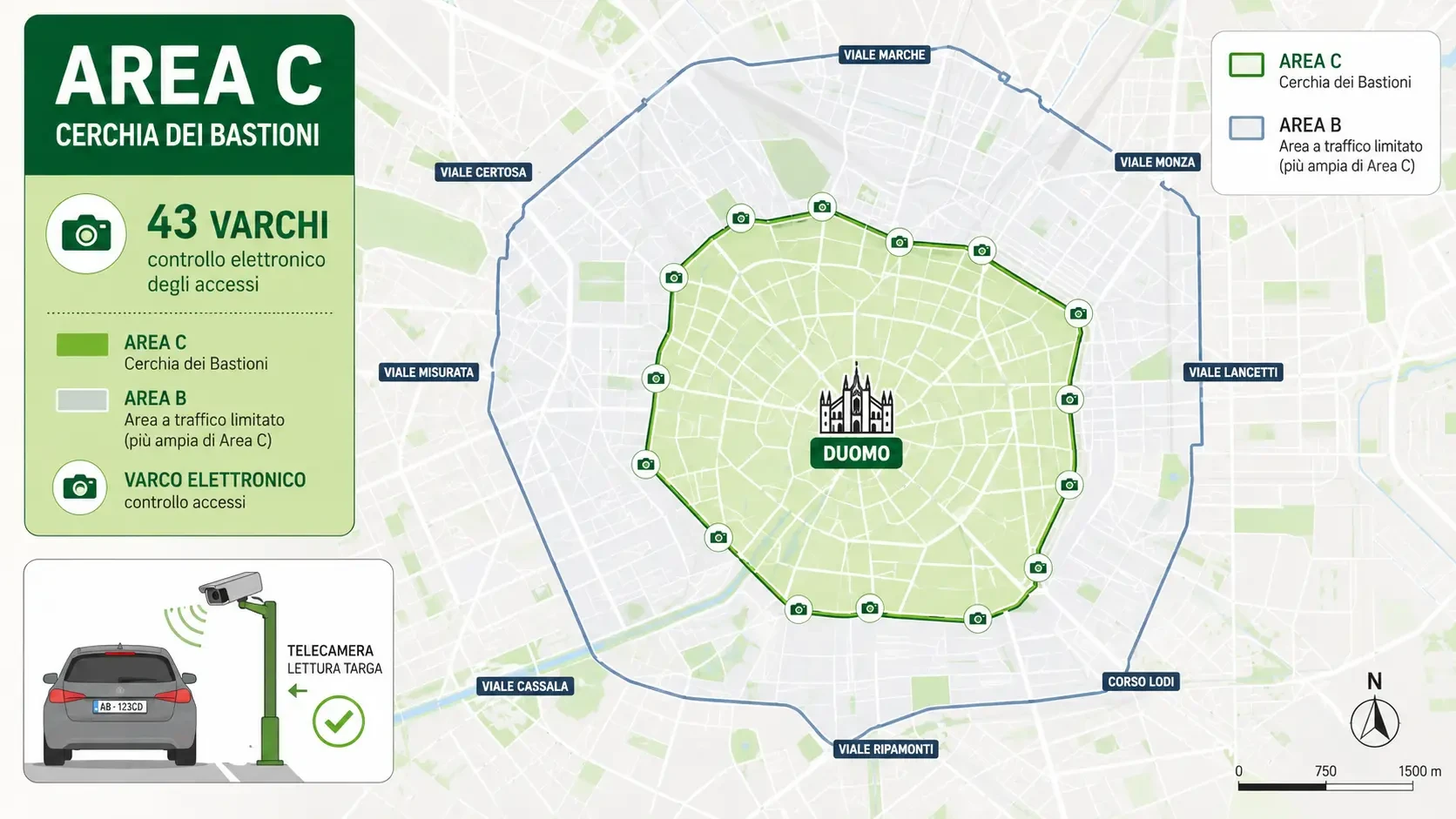 Mappa Area C Milano con Cerchia dei Bastioni e varchi elettronici