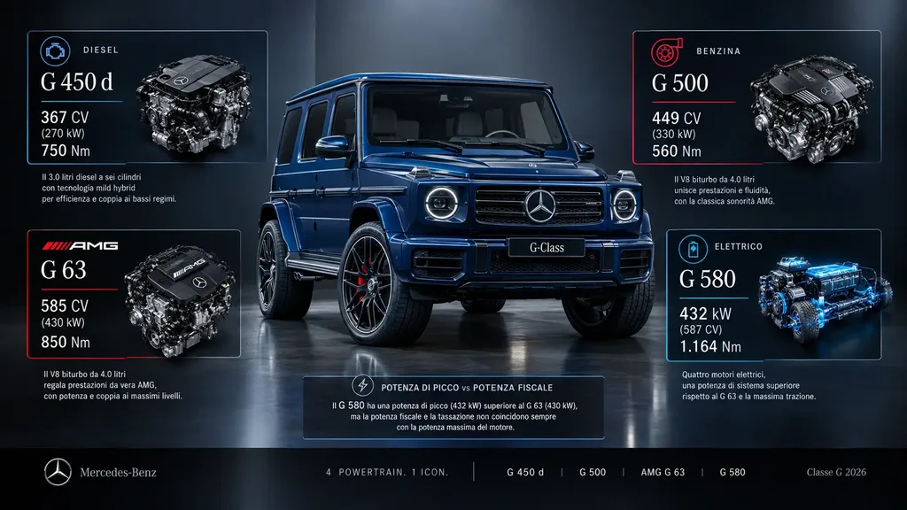 Mercedes Classe G 450 d, G 500, G 63 e G 580 a confronto per motori