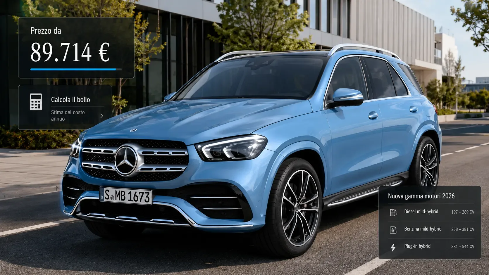 Mercedes GLE 2026 blu, prezzo da 89.714 euro e costi di bollo