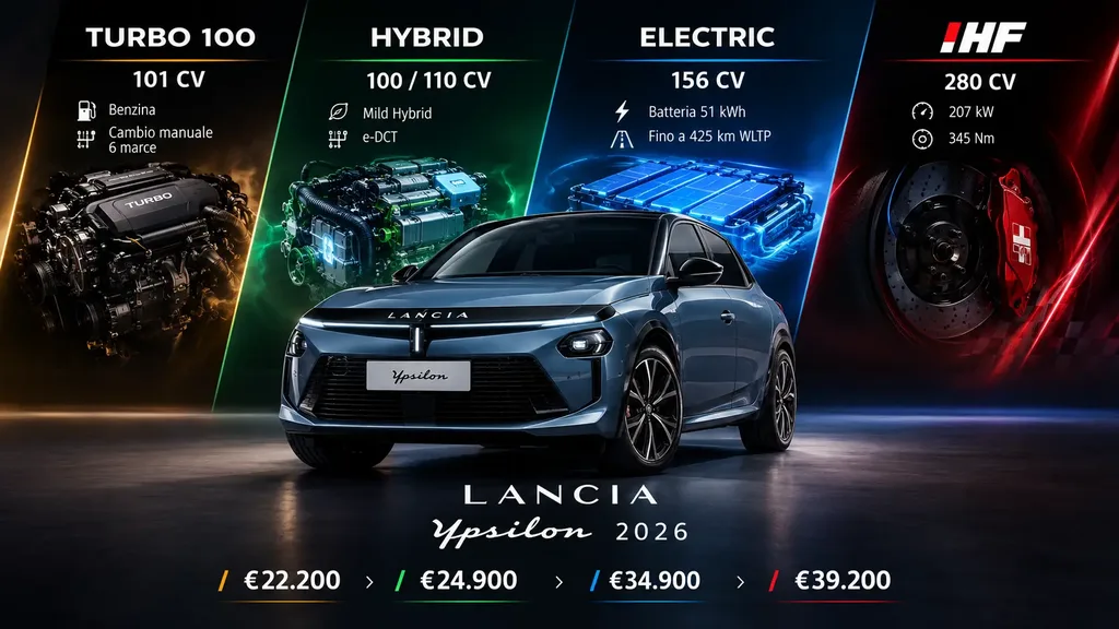 Motori della Lancia Ypsilon 2026: benzina, ibrida, elettrica e HF 280 CV