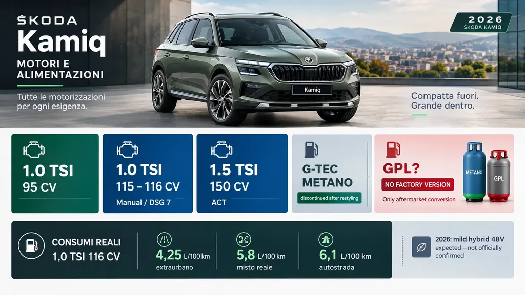 Motori Skoda Kamiq 2026: 1.0 TSI, 1.5 TSI, metano G-TEC e consumi reali