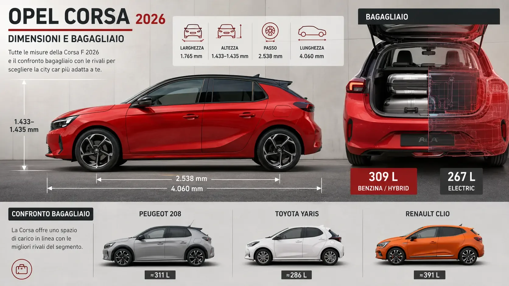 Opel Corsa 2026, dimensioni e bagagliaio benzina, Hybrid, Electric
