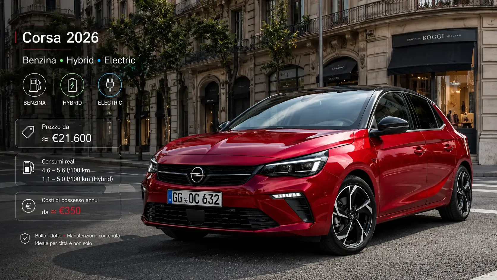 Opel Corsa 2026 rossa, prezzi, motori, autonomia e costi di possesso
