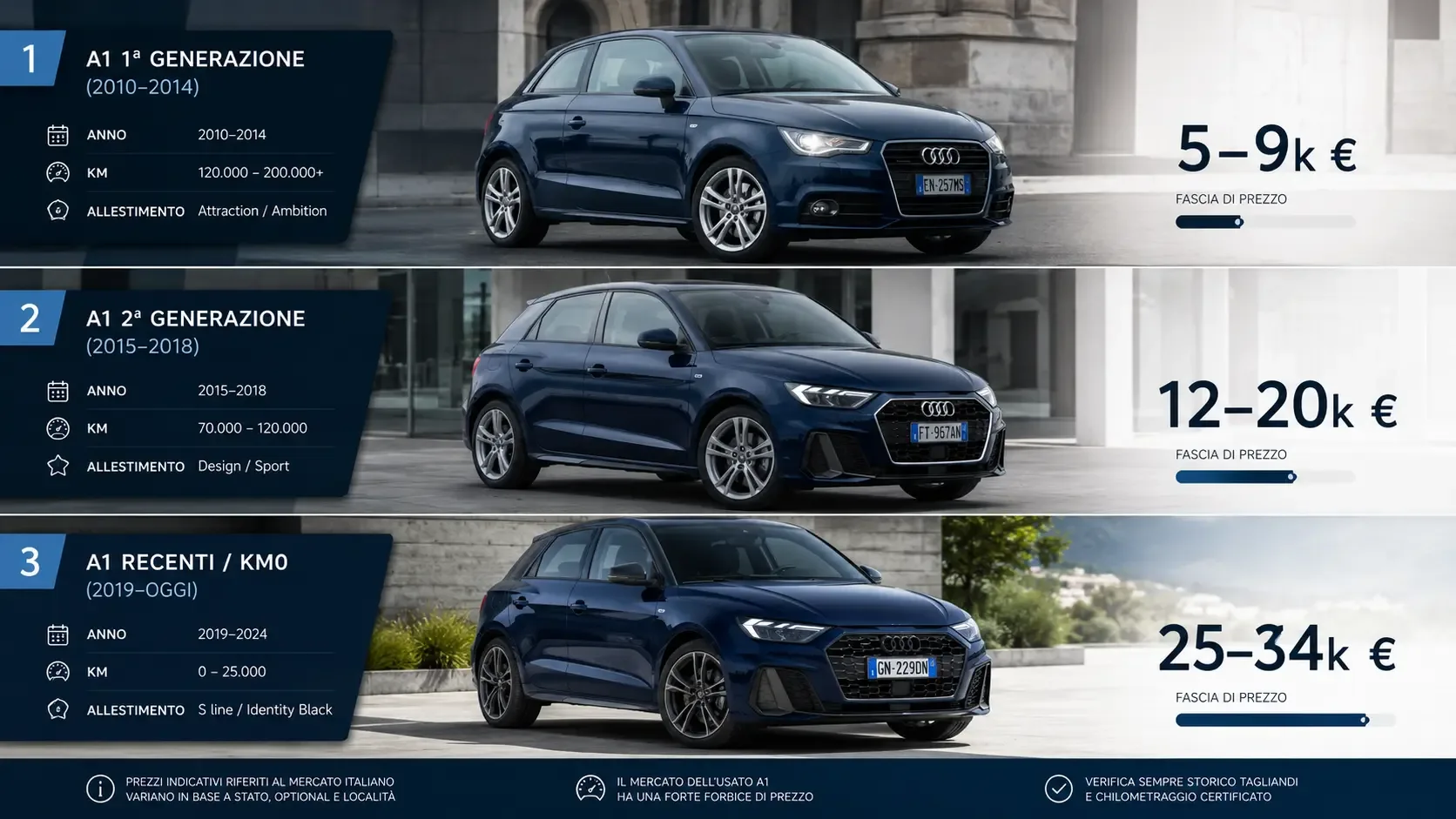 Prezzi Audi A1 usata per generazione, chilometraggio e anno