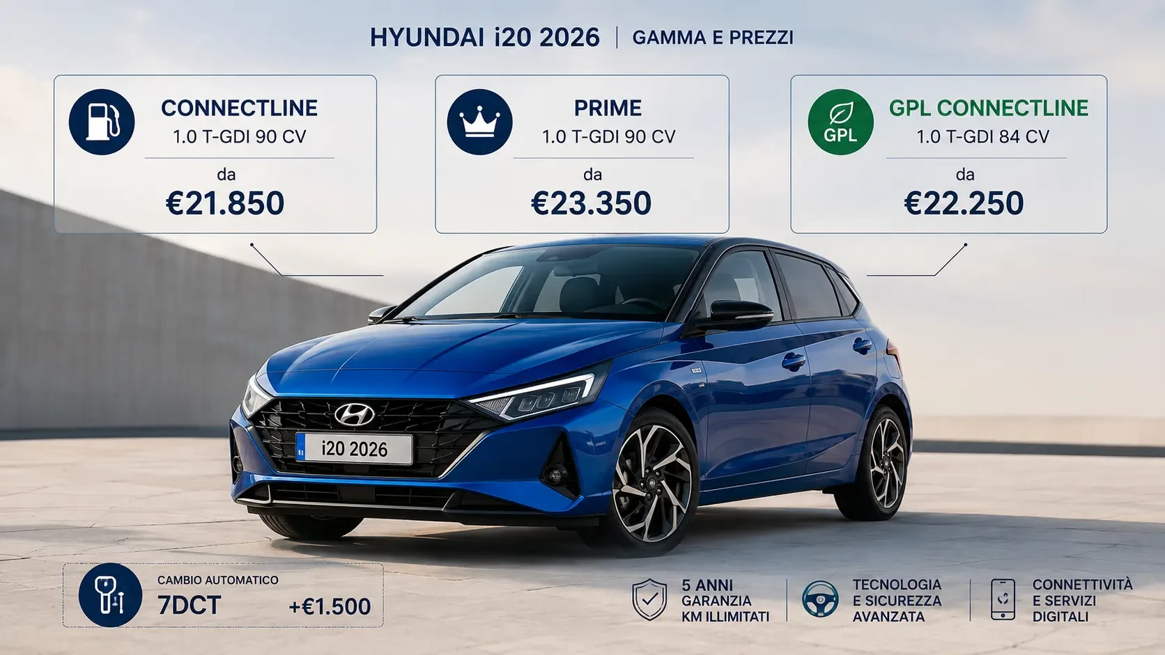 Prezzi Hyundai i20 2026 Connectline, Prime e GPL