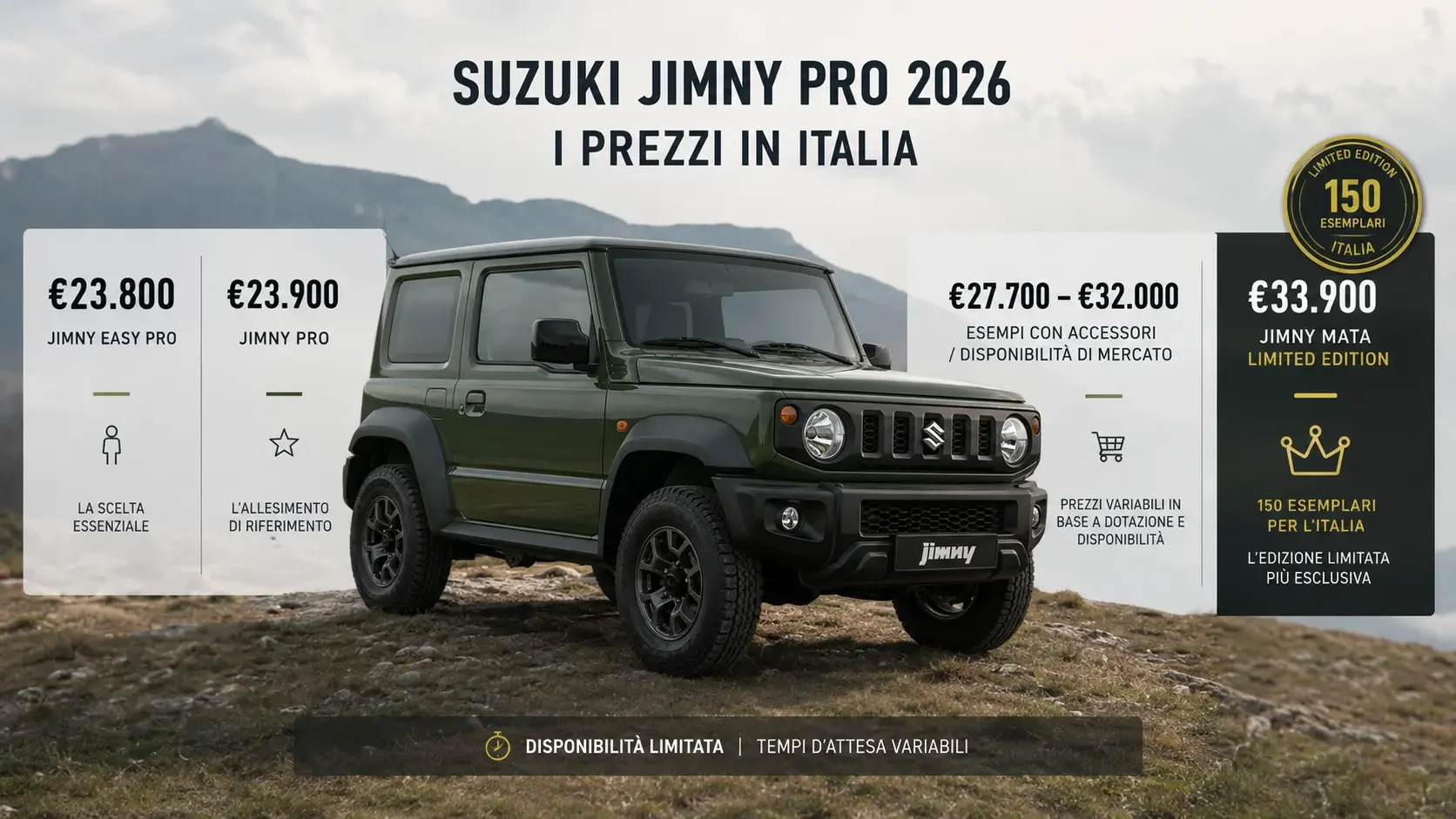 Prezzi Suzuki Jimny Pro 2026 da 23.800 a 33.900 euro