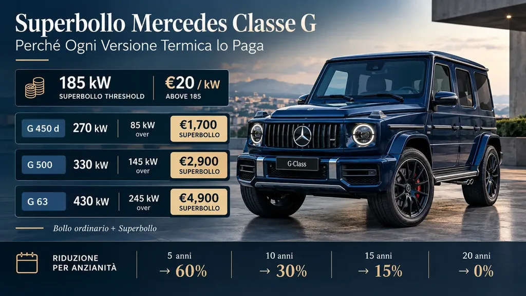 Superbollo Mercedes Classe G 2026, calcolo per G 450 d, G 500 e G 63