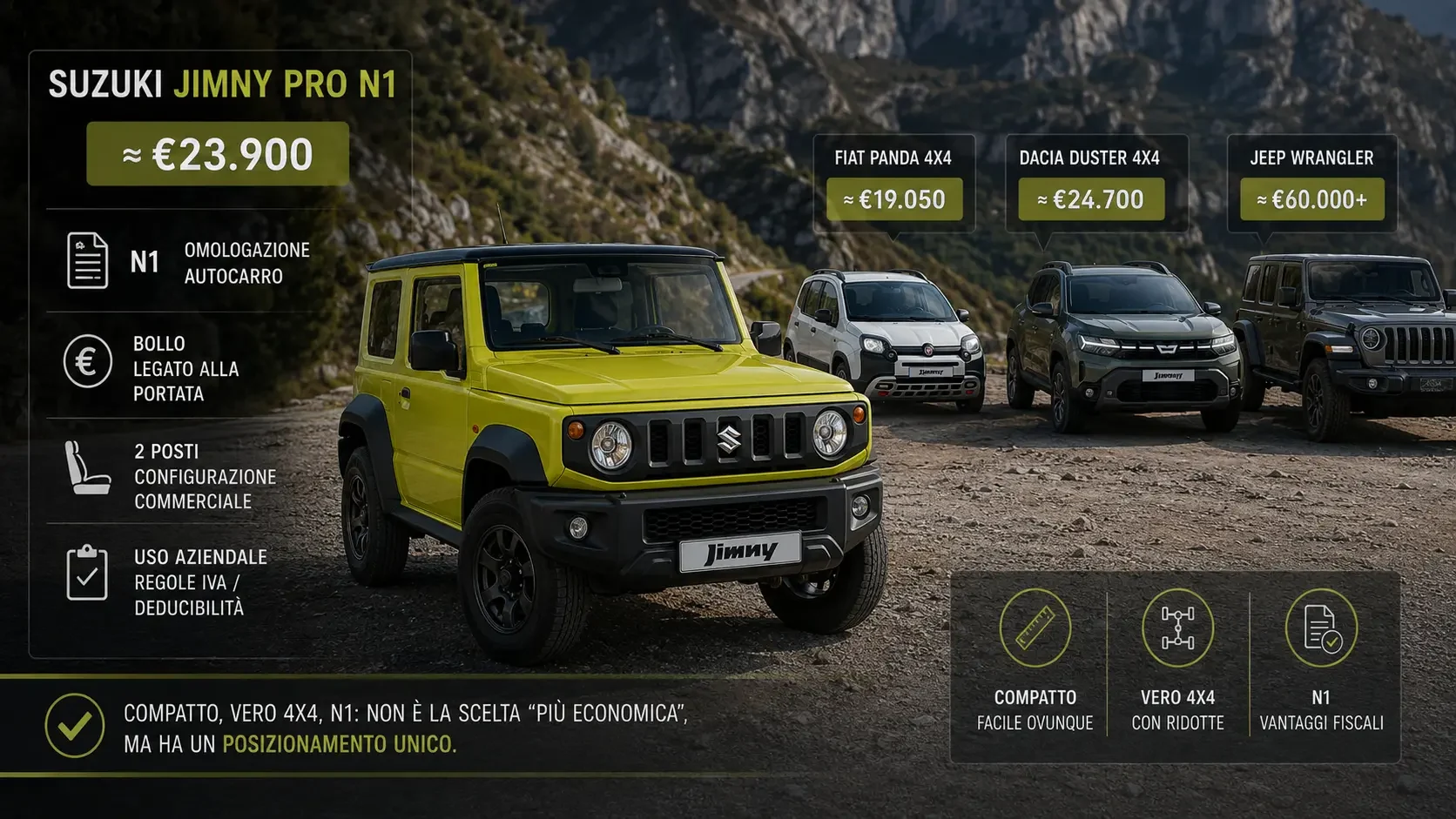 Suzuki Jimny Pro N1 a confronto con Panda 4x4 e Dacia Duster, prezzo e costi