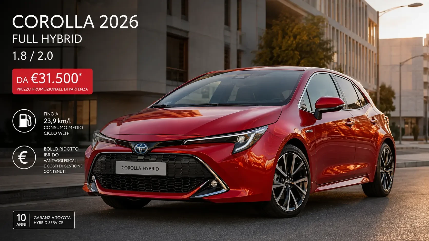 Toyota Corolla 2026 Hybrid rossa con prezzo e principali caratteristiche